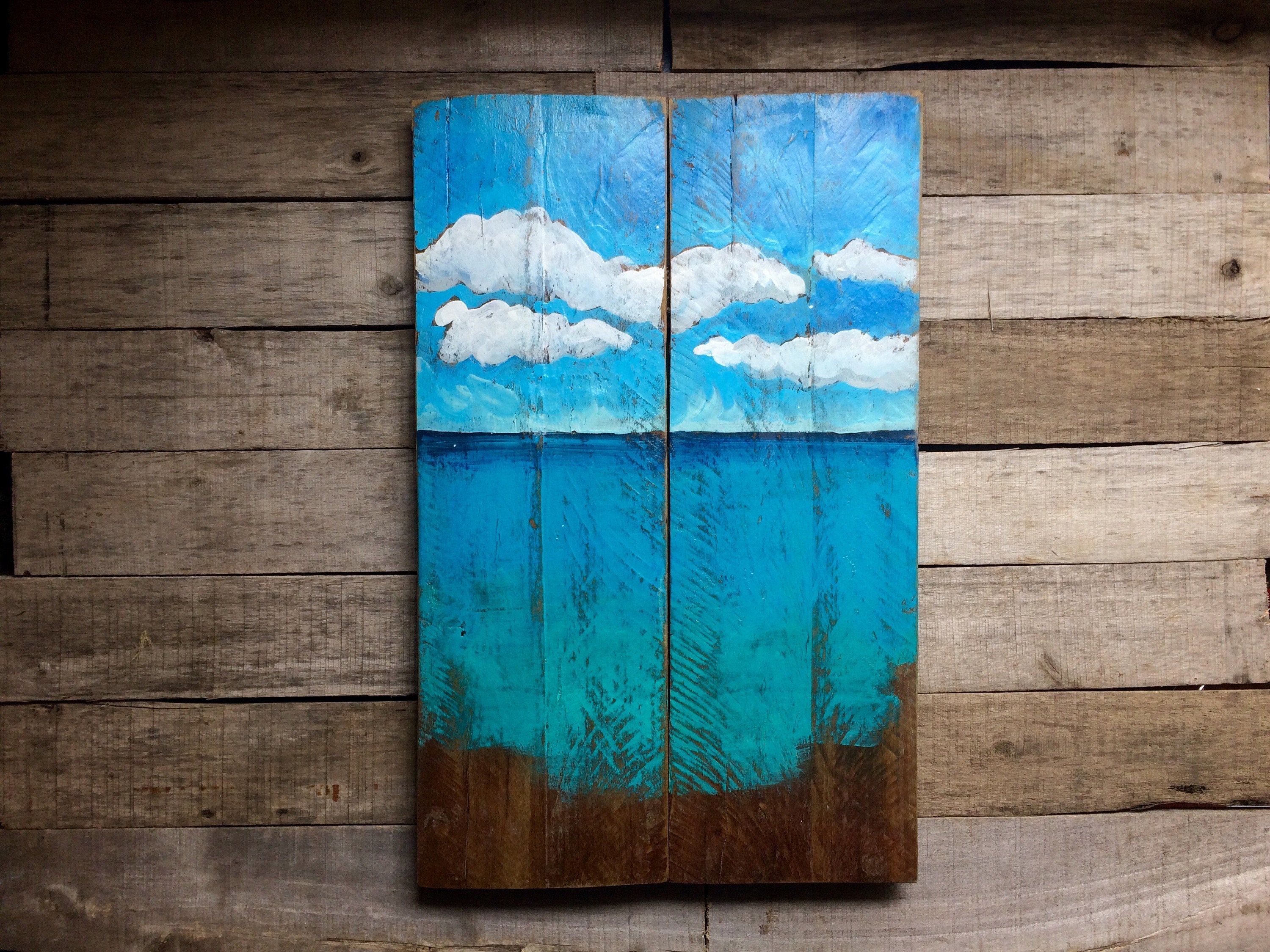 Ocean Painting Reclaimed Wood Wall Art for Beach House Shabby