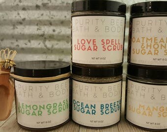 Sugar scrubs made with non GMO fair trade sugar | each purchase come w/ free bee scoop