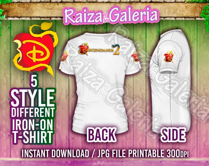 5 T-Shirt Disney Descendants 2 - Front, Back and Side. Iron On tshirt transfer! Digital Download Printable Descendants 2 Party Tshirts!