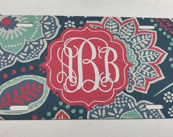 Floral monogram license plate flowers car tag personalized monogrammed