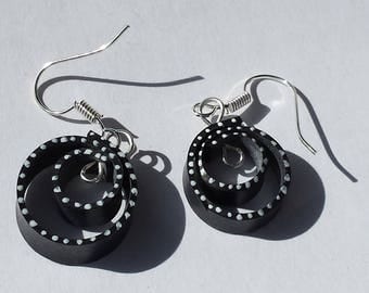 Earrings recycled bicycle inner spiral black and white