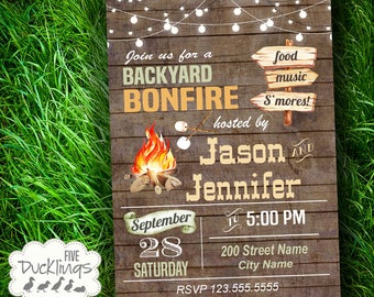 Backyard Bonfire Invitation, Printable bonfire Invitation, Rustic Wood party invite, A526