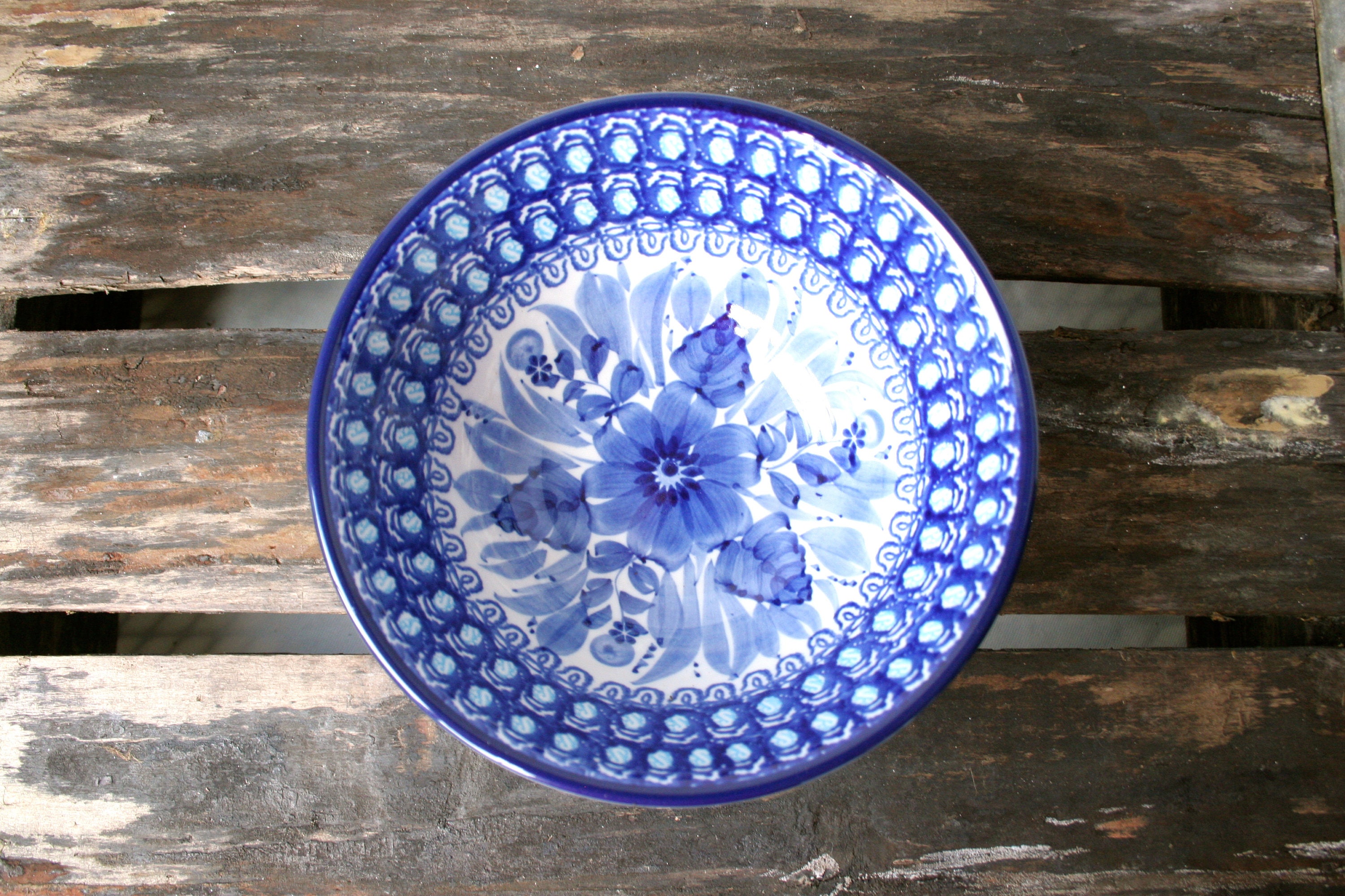 Unikat 214 large polish pottery blue white floral pattern