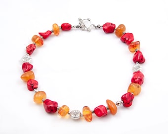 Artisan amber and coral rhymed necklace 40 cm