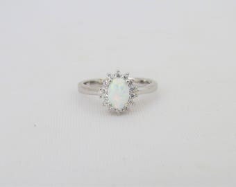 Vintage Sterling Silver White Opal & White Topaz Halo Ring Size 7