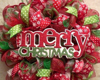 XMAS in JULY SALE-15%off Merry Christmas Wreath,Christmas wreaths, Christmas decor, red and green christmas, mesh christmas wreath, wreath,