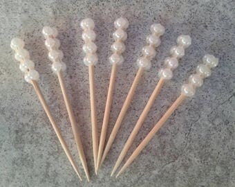40 White pearl bling wedding cocktail dessert picks, toothpicks, cake pop, diamond mesh, pearls, dessert table, appetizers, wedding
