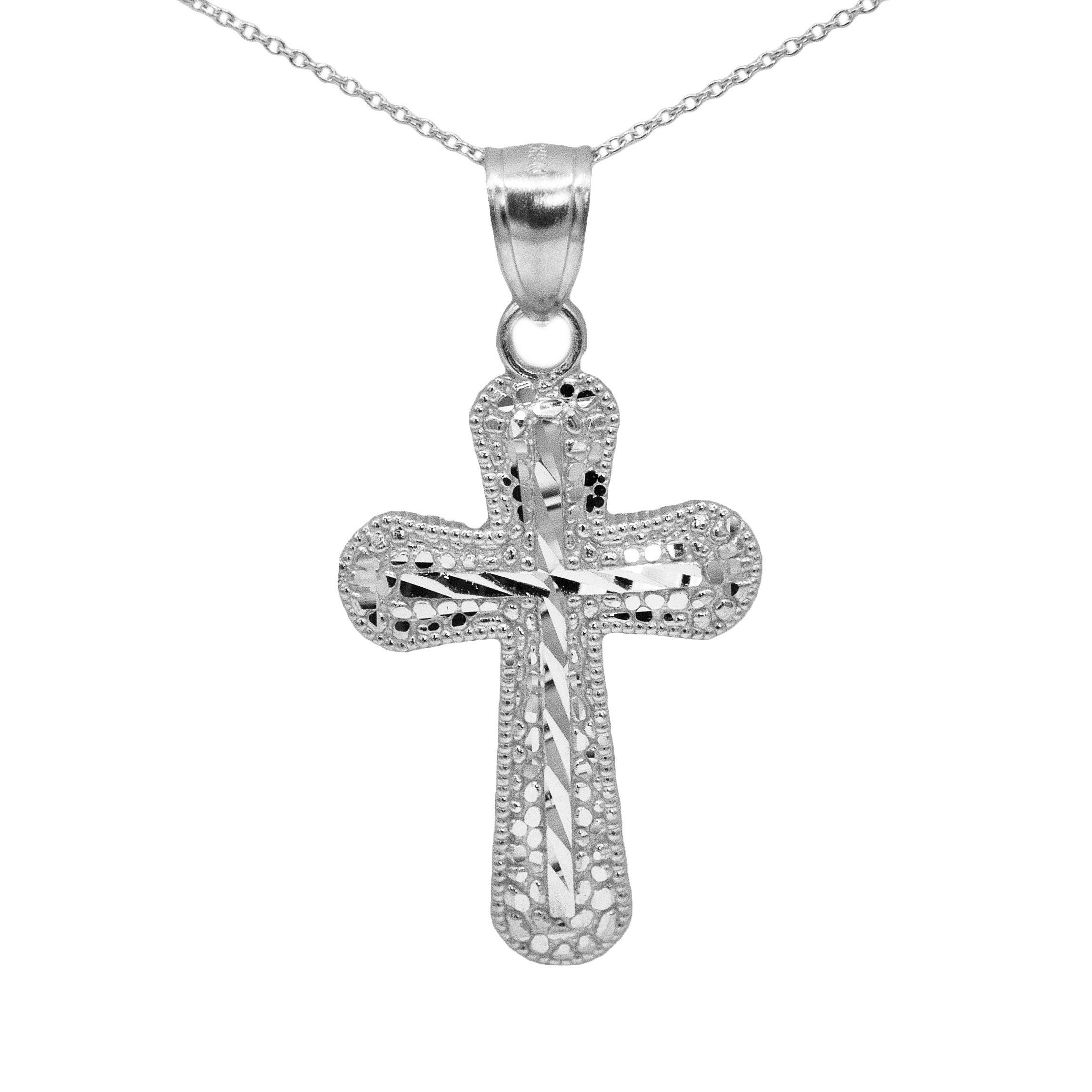 14k White Gold Mens Cross Necklace Religious Mens Jewelry