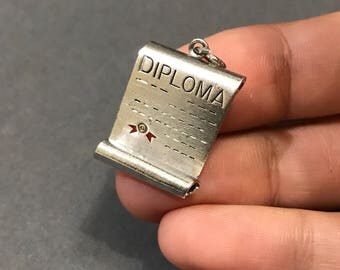 Vintage Sterling silver handmade pendant, solid 925 silver diploma, graduation charm, stamped Sterling wells