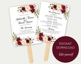Fan Program Template, Fan Wedding Program, Ceremony Program, Printable Wedding Program, Order Of Ceremony, Editable Wedding Program, Marsala