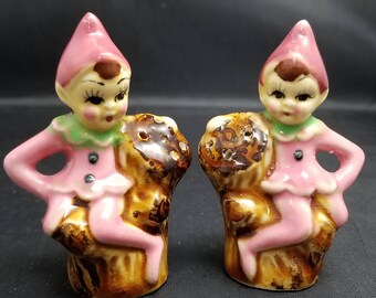 1950's Pink Pixie Salt and Pepper Shakers made in Japan. Retro Pink Pixies. Mid Century Pixies or Elves. 50's Pixies