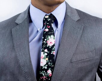 Black Floral Skinny Tie,Floral Tie, Retro Tie, Casual, Men's, Groomsmen , Vintage , Handmade , Wedding , Gift ,Skinny, Classic, Necktie,Prom