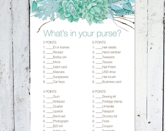 Whats in your purse game, baby shower game, turquoise, bridal shower, floral, branches, instant download