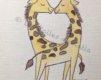 Love giraffes. Watercolor card postcard 10 x 15
