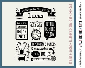 SVG Birth Stats Template svg Birth Announcement svg Baby Stats svg - Cricut Silhouette cute newborn statistic fact date time weight dxf png
