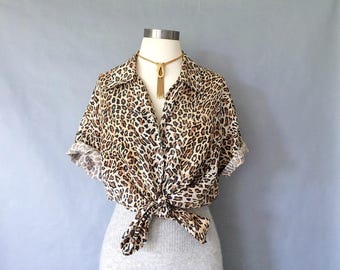 vintage silk blouse/ leopard blouse/ silk shirt/ short sleeve blouse/ button down blouse women's size S/M/L