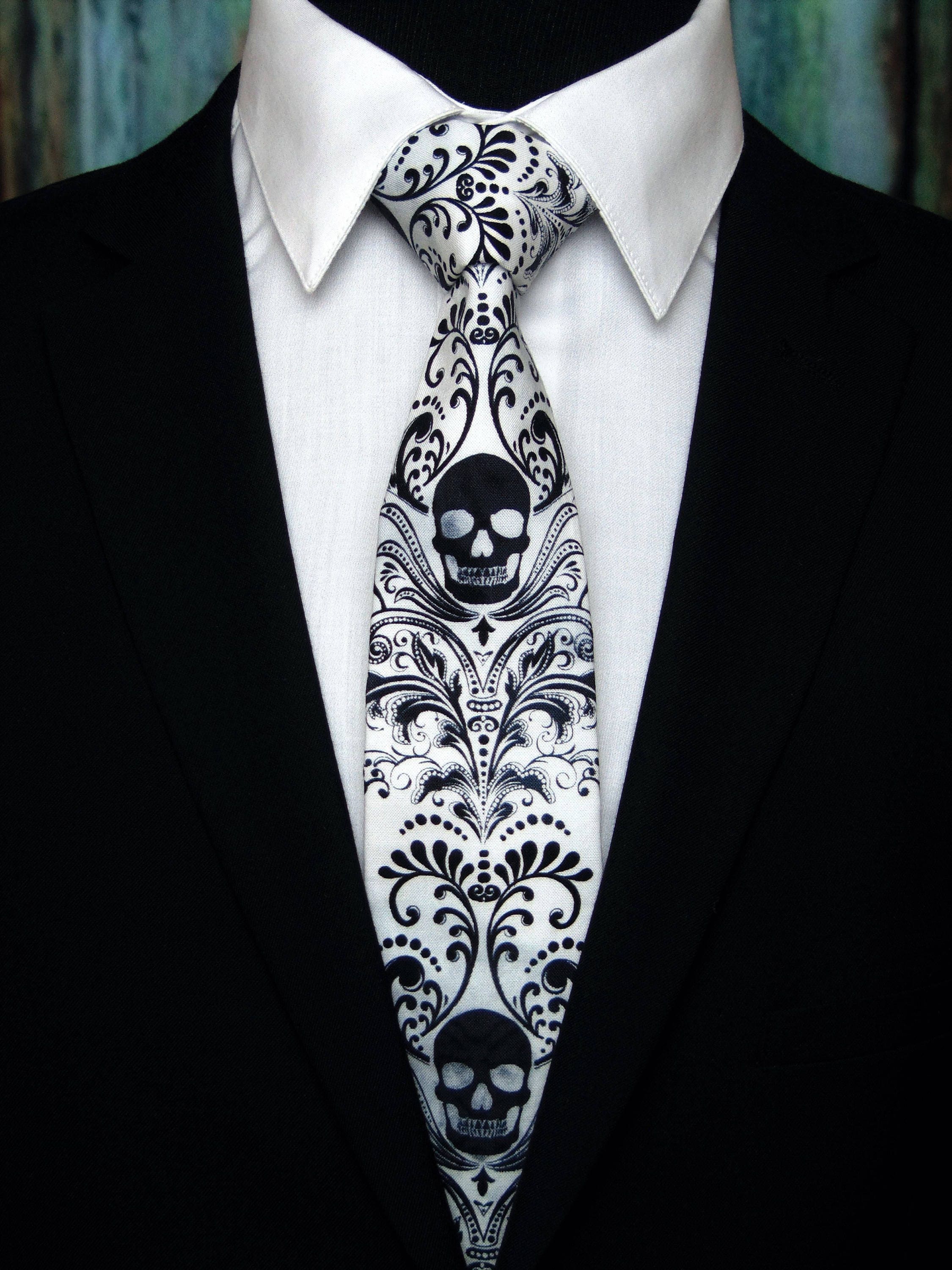 Skull Tie – Cotton Black and White Steampunk Tie with Skull and Paisley ...