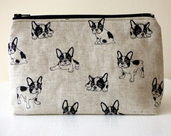 French Bulldog Cosmetic Bag, Frenchie Makeup Bag, Famous Pet Dog Breed Print Zipper Pouch, Gadget Case, Linen Beauty Pouch, Sanitary Pouch
