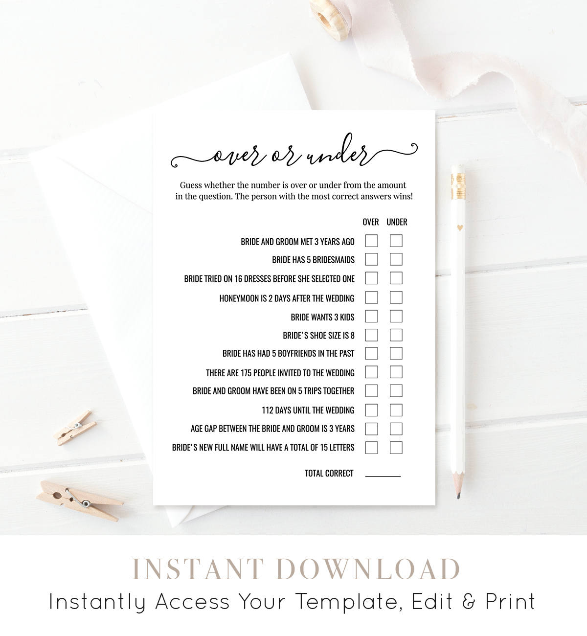 Over Or Under Bridal Shower Game Printable Wedding Shower Game