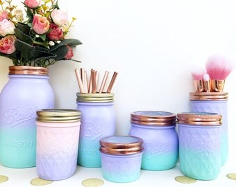 Mermaid jar, Ombre mason jar, mermaid party decorations, makeup pot, teen girl gift, mermaid makeup brush holder, dressing table accessories