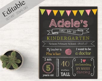 First Day of School Chalkboard Print, Editable Text, DIY, Art Print, Chalkboard Sign, Kindergarten, Grade School, INSTANT DOWNLOAD