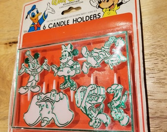 Vintage Walt Disney Set Of 6 Candle Holders - Mickey, Minnie, Donald, Pluto, Dumbo, and Jimminy Cricket . RARE Carrousel Party Favors Inc