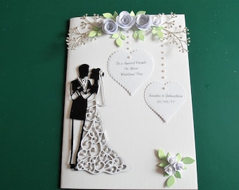Handmade Personalised Wedding Card with Bride and Groom Quilled Roses