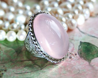 Rose Quartz Jewelry, Rose Quartz Ring, Rose Quartz Cabochon, Rose Quartz Ring, Filigree Silver Ring, Natural Rose Quartz Gem, Handmade Ring