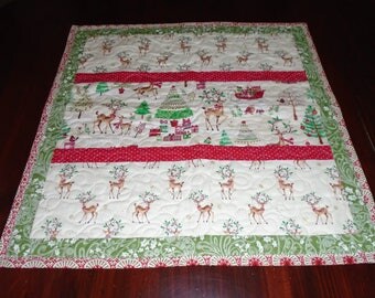 Quilted Table Topper, Christmas Table Topper, Christmas, Reindeer, Red, Green, Table Mat, Table Topper, Handmade Table Topper