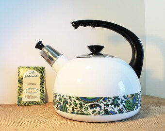 Vintage Del Coronado Porcelain Gourmet White Cookware Paisley TEA KETTLE with Tag RARE Retro 1960's
