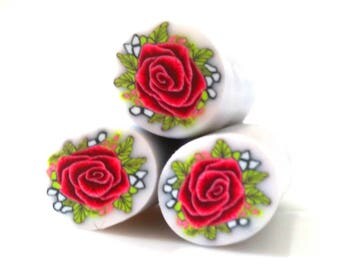1 millefiori cane red rose with leaf , polymer clay cane