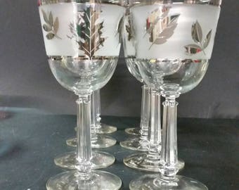 Long stem wine or water glasses. Gold leaf design. Set of 8