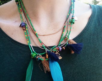 Tassel Necklace women jewelry Collar Pompom Feather pendant Green Blue multicolor Ethnic style Boho Multi layer