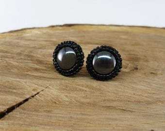 Black stud earrings Everyday earrings for her Hematite stone earrings Gothic style jewelry Seed beads earrings Jewelry gift for girlfriend