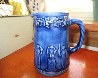 Blue Ceramic Mini Pitcher Small Grapevine Greek Muses Relief Work Signed
