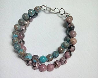 Blue Lace Agate and Rhodonite Layered Bracelet