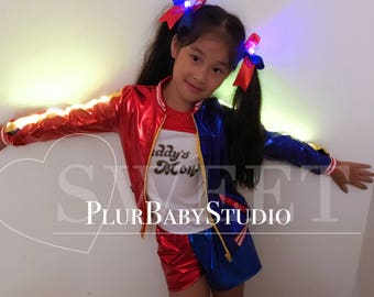 LED Handmand Harley Quinn Outift for Children and Teenagers, LED Harley Quinn girls Costume, Lights up Harley Quinn girls outift,