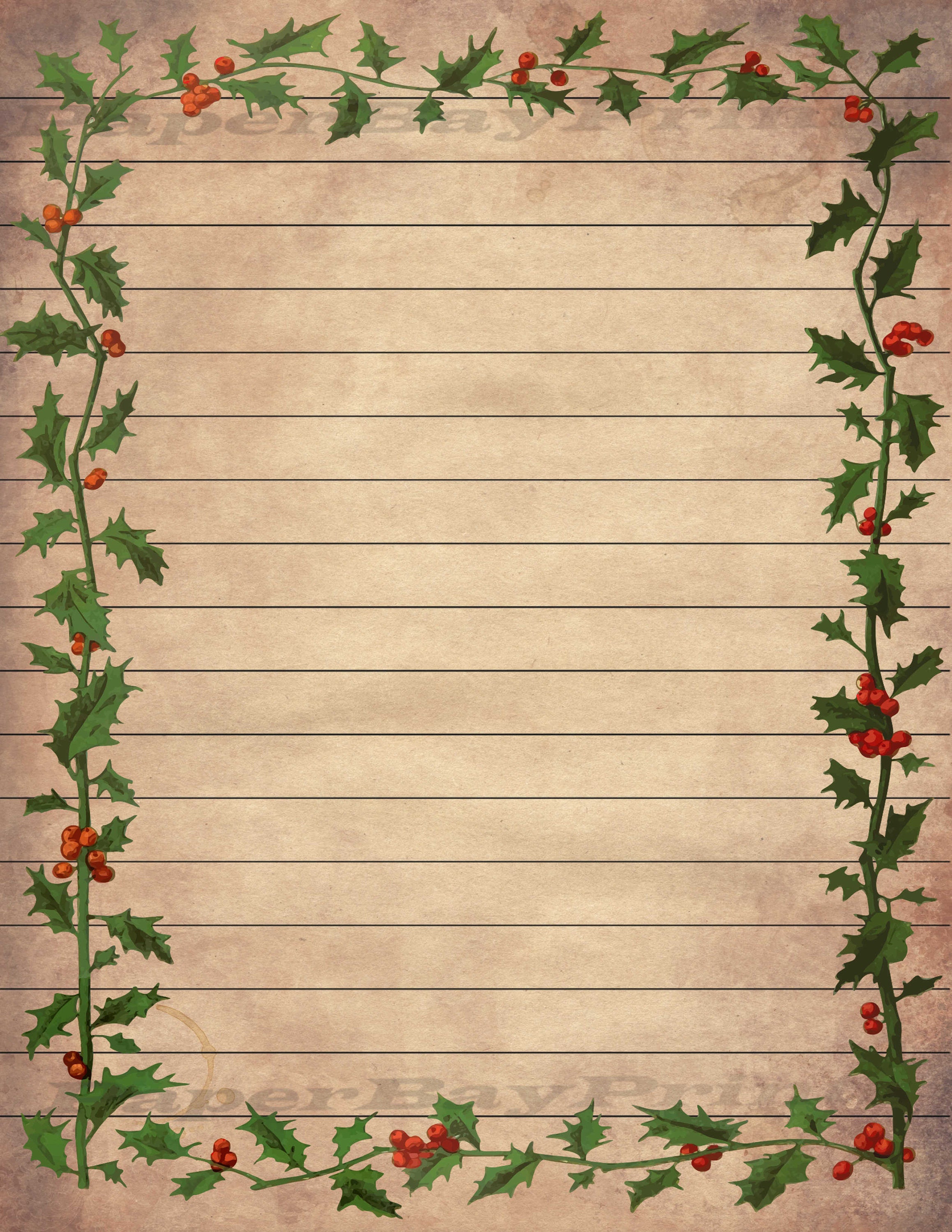 Printable Writing Paper, Vintage Christmas Holly Border, Old Scrapbook Paper, Background, Lined ...