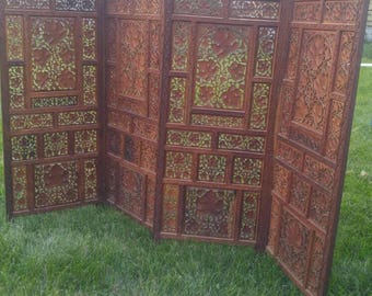 Vintage Hand Carved Teak 4-Panel Folding Screen or Room Divider