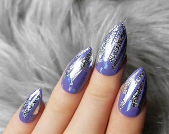 10/20 press on nails medium stiletto holographic hand painted