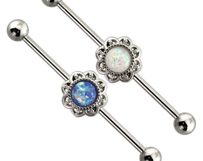 Synthetic Opal Flower Centered 316L Surgical Steel Industrial Barbell