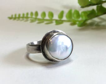 Coin Pearl Ring, Large Pearl Ring, Sterling Silver Ring, Fresh Water Pearl Ring, Handmade Silver Ring, Gift For Her, Under 100 Dollars