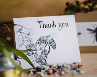 Thank you card with a hand sketch bee on a lavender flower. Printed on eco friendly recycled paper. FREE with any gift pack