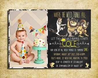 Where The Wild Things Are Invitation - Where The Wild Things Are Birthday Chalkboard Invite With Photo - Printable And Digital File