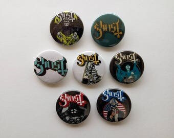 7 x Ghost BC band buttons (25mm, badges, pins, botones, heavy metal)
