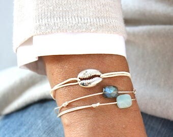 Cord bracelet in 925 sterling silver cowrie shell choice
