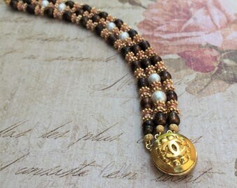 Gold Chanel Button Bracelet, Pearls and Pink Opal Gemstone, Chanel Inspired Jewelry, Repurposed Button Gold Boho Jewelry --- Phoebe bracelet