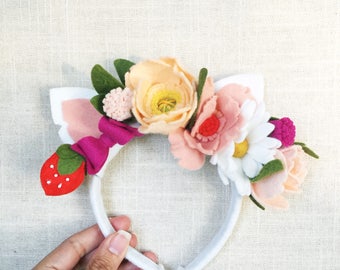 Hello Kitty Inspired Felt Flower Headband, Kitty Cat Birthday Headband, Kitty Cat Ears, Woodland Party Accessories, Woodland Headband