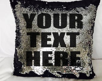 CUSTOM text Mermaid Pillow Reversible Sequin Scale Cover Insert, personalized, your text, hidden message, cushion, gift, name, date, baby