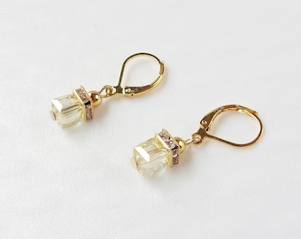 Gold crystal bead earrings / yellow cube beads / rhinestone earrings